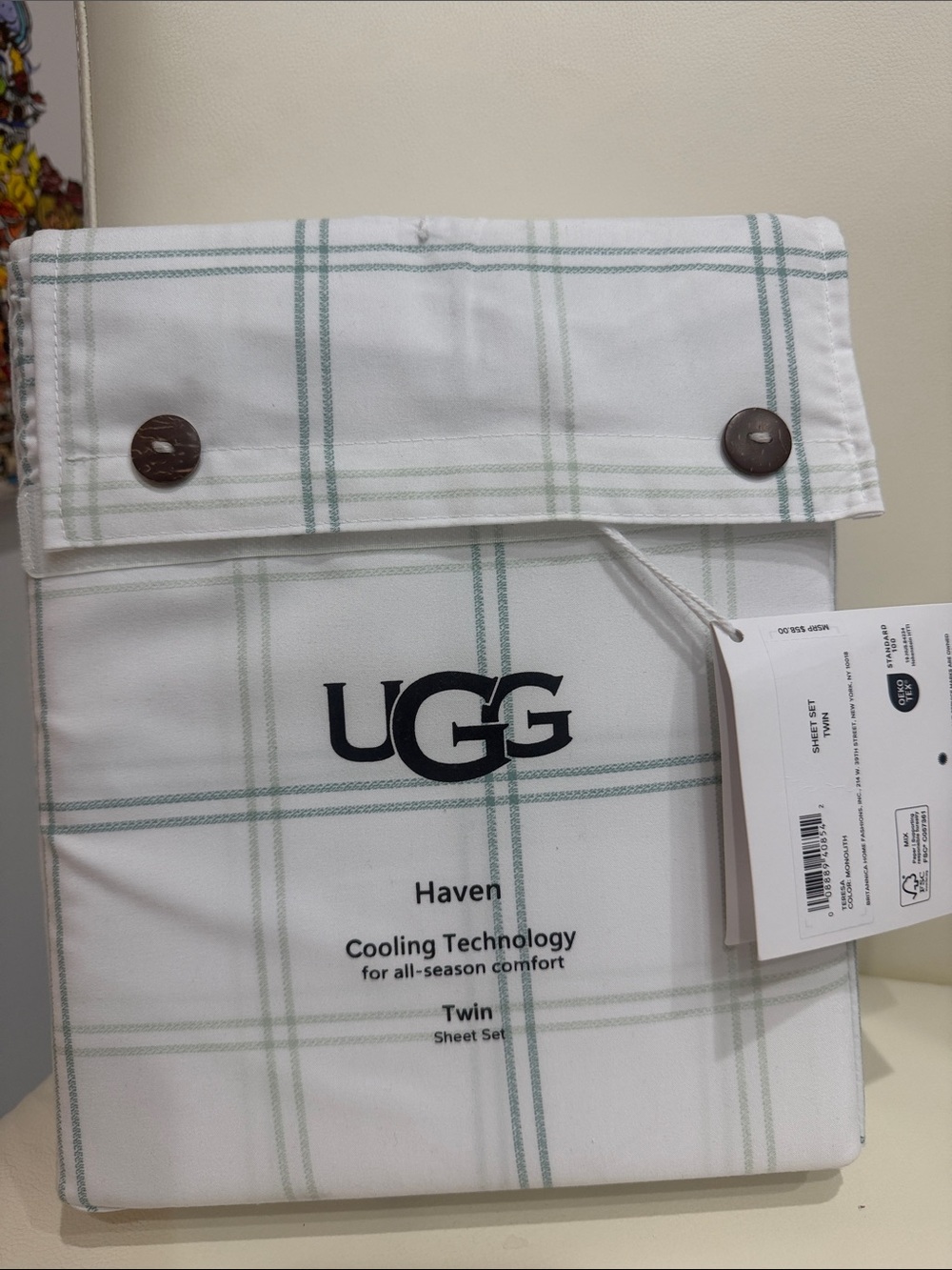 UGG White/Green "Monolith" Haven Cooling Technology TWIN Sheet Set